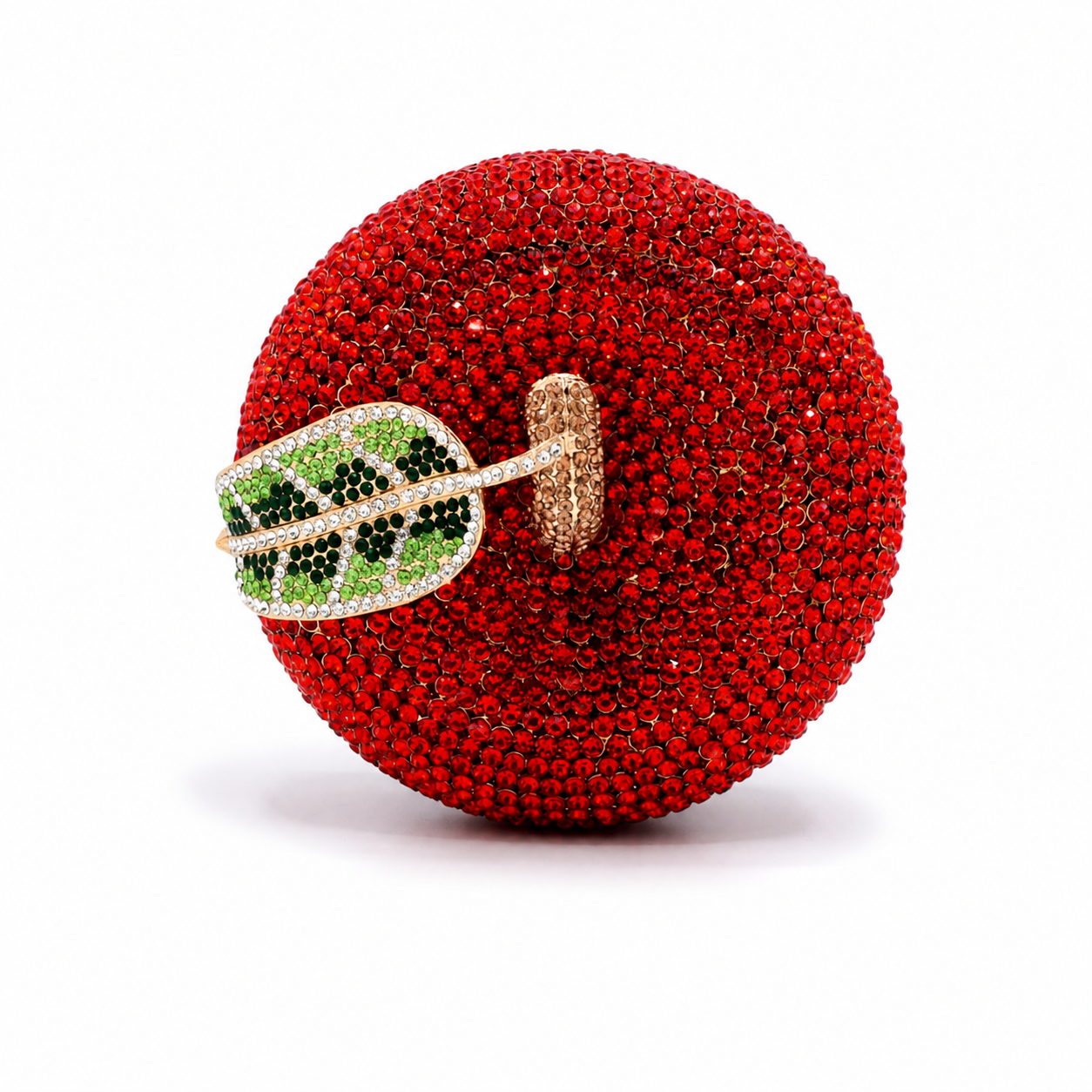 L’APOGÉE Forbidden Fruit apple-shaped rhinestone evening bag designed for parties, weddings, formal events, and bold statement occasion styling.